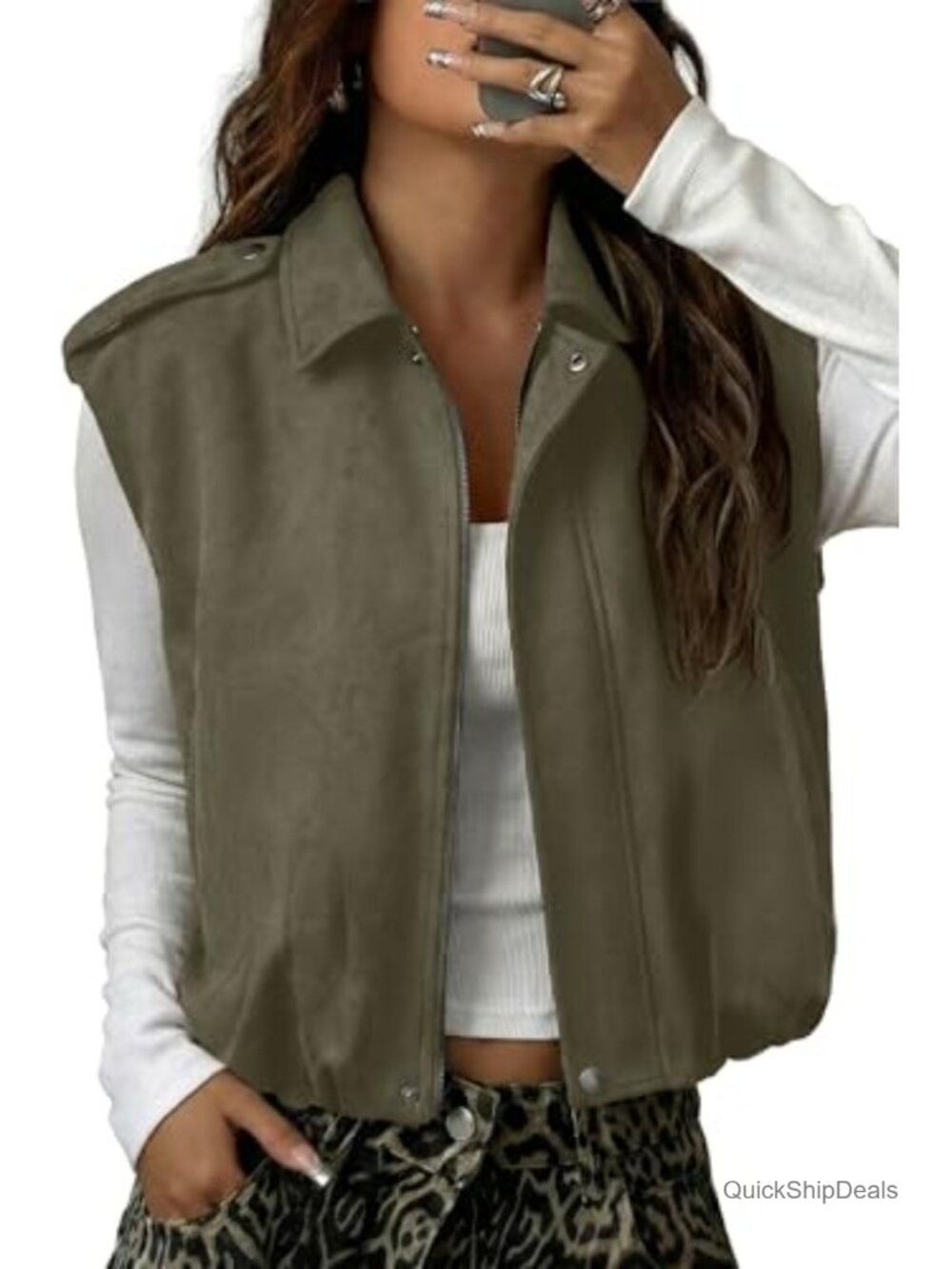 Faux Suede Sleeveless Vest Metal Buttons Oversized Cropped